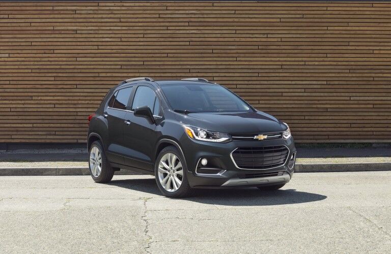 Front passenger angle of a black 2020 Chevrolet Trax