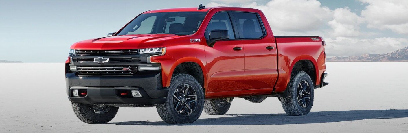 Front driver angle of a red 2020 Chevrolet Silverado 1500