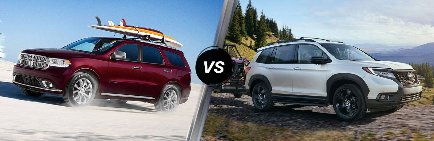 A side-by-side photo of the 2020 Dodge Durango vs. 2020 Honda Passport.