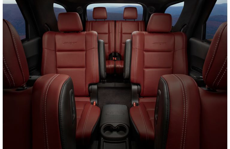 2020 Dodge Durango SRT interior shot of 3-row seating in red leather upholstery