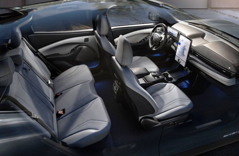 Passenger aerial angle of the seats inside the 2021 Ford Mustang Mach-E