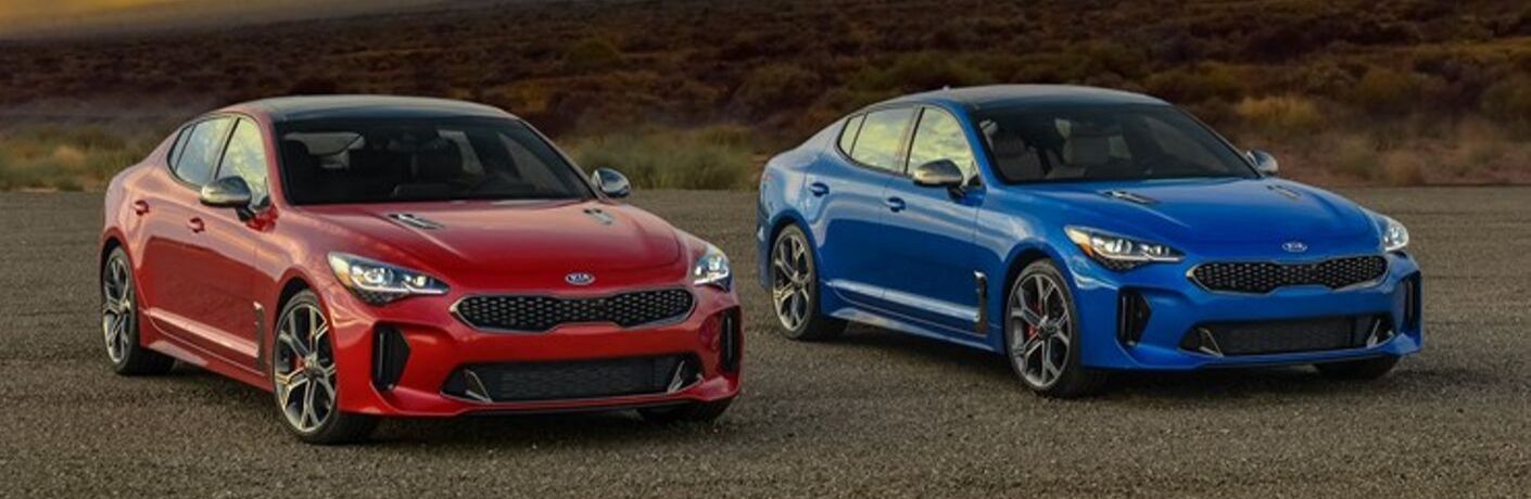 Exterior view of a blue 2019 Kia Stinger and a red 2019 Kia Stinger